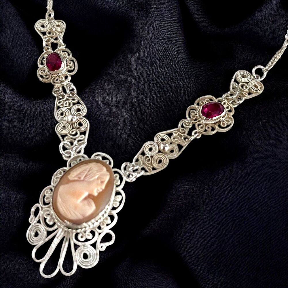 Vintage 1950s Italian Shell Cameo Necklace Filigree Victorian Revival - 9H